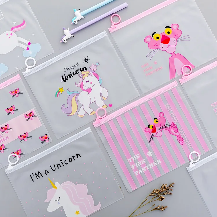 Plastic Transparent Kawaii Ring Binder Document Organizer 5PCS/Lot Creative Unicorn PVC File Folder Storage Bag