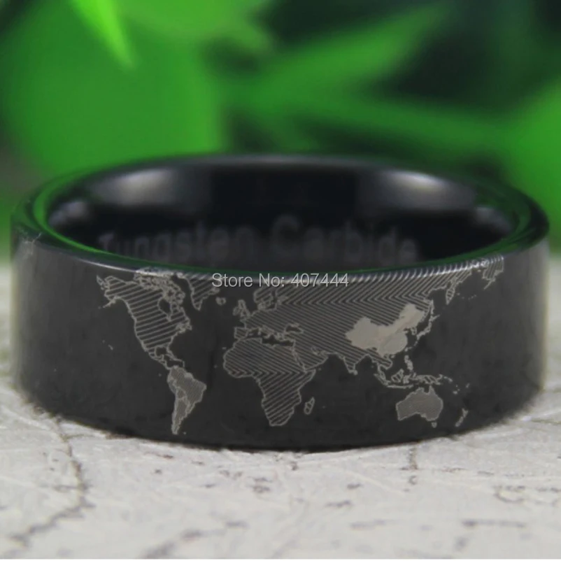 

Free Shipping USA UK Canada Russia Brazil Hot Sales 8MM Black Pipe Unique World Map Design New Men's New Tungsten Wedding Ring