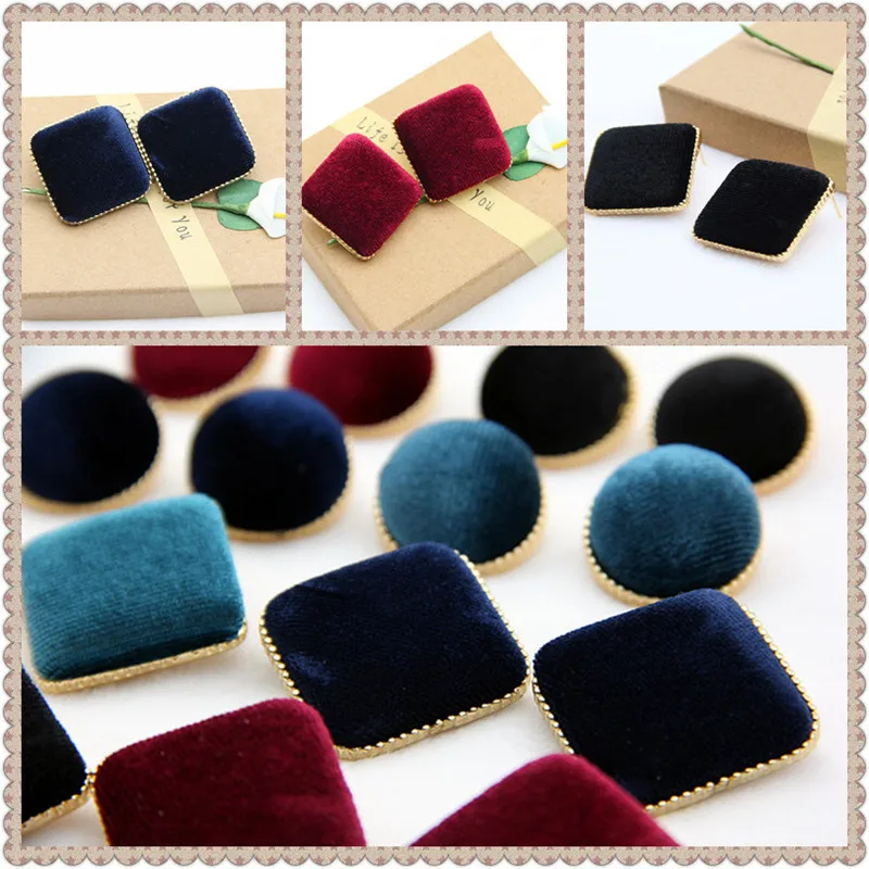 Vintage Square Velvet Yarn Button Stud Earrings For Women Fashion Gold Color Brief Geometric Round Earrings Jewelry Gifts