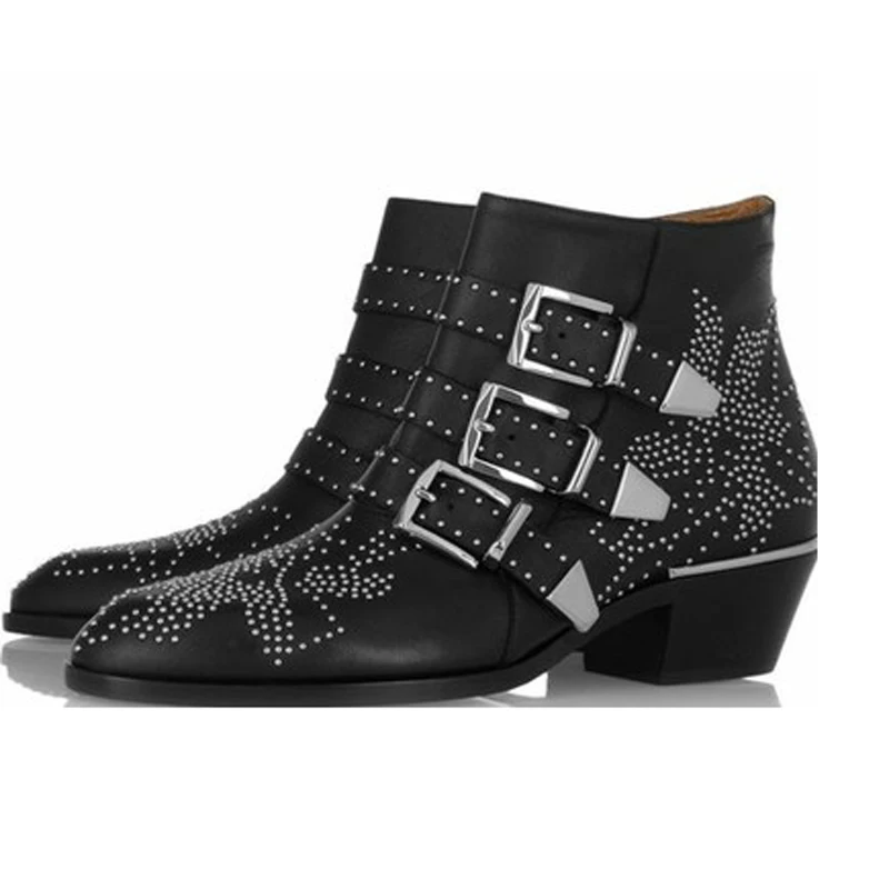 Punk Style Rivets Flower Motorcyle Boots three Buckle Straps Gold silver Rivets Mid Square Heels Ankle Boots Woman Riding Boots