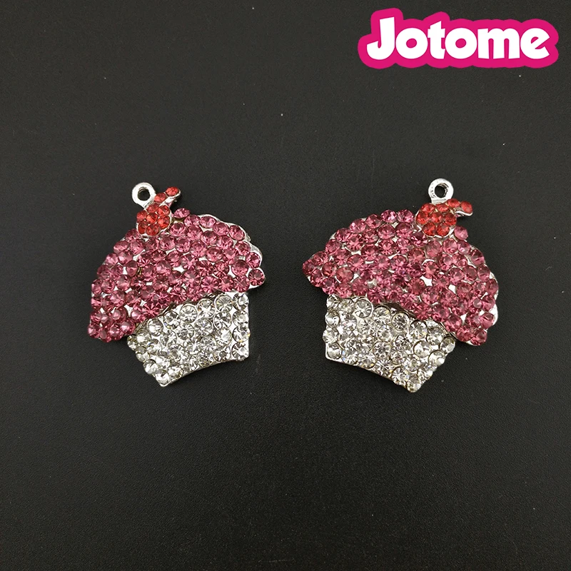 Accept customized Pendant, Silver Tone Cute Cup Cake Pink And Clear Rhinestone Crystal Chunky Brooch pendants