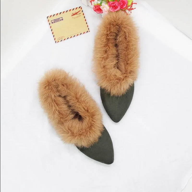 2020 Autumn And Winter Flat-bottomed Pointed Rabbit Fur Shoes Plus Velvet Warm Cotton Shoes Small Size 31-32-33 Large Size 41-43