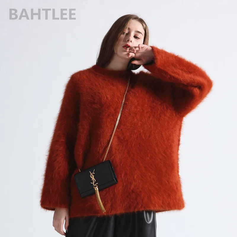 BAHTLEE-Women\'s Angora Knitted Pullovers, O-Neck Sweater, Mink Cashmere, Butterfly Sleeves, Very Thick, Keep Warm, Loose, Autumn