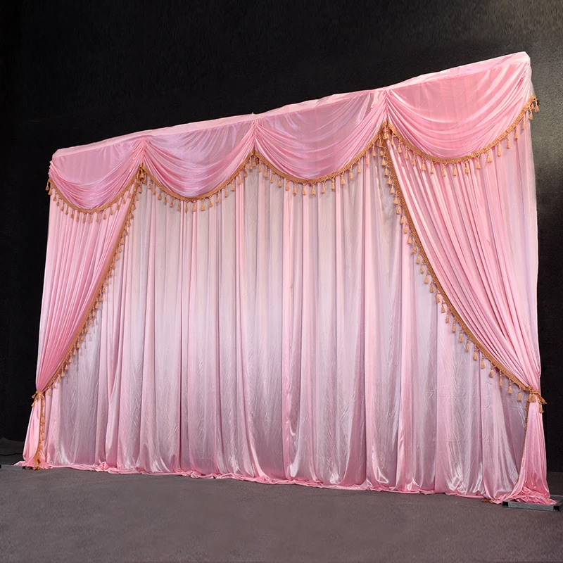 Ice silk chiffon fabric wedding backdrop with swags and tassel drape curtain for wedding stage event party birthday decoration