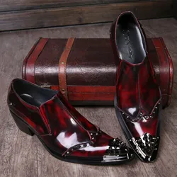 Italian Shoes Men Leather Wine Red Colors Weddding High Heels Oxfords Snake Skin Pointed Toe Burgundy Dress Loafers Rivets