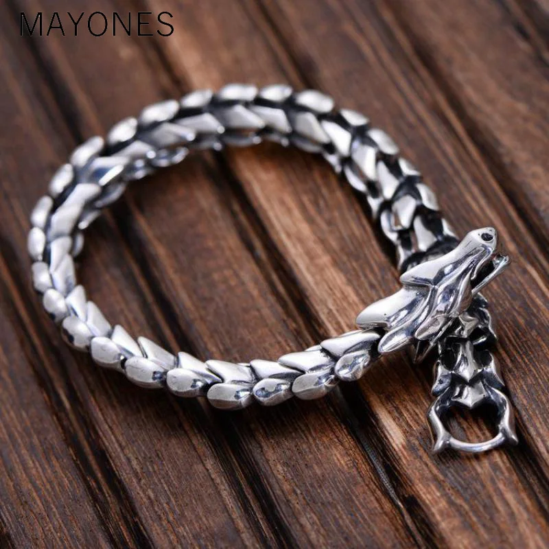 MAYONES Genuine 925 Sterling Silver Jewelry Heavy Dragon Scale Bracelet For Men 23CM Vintage Punk Style