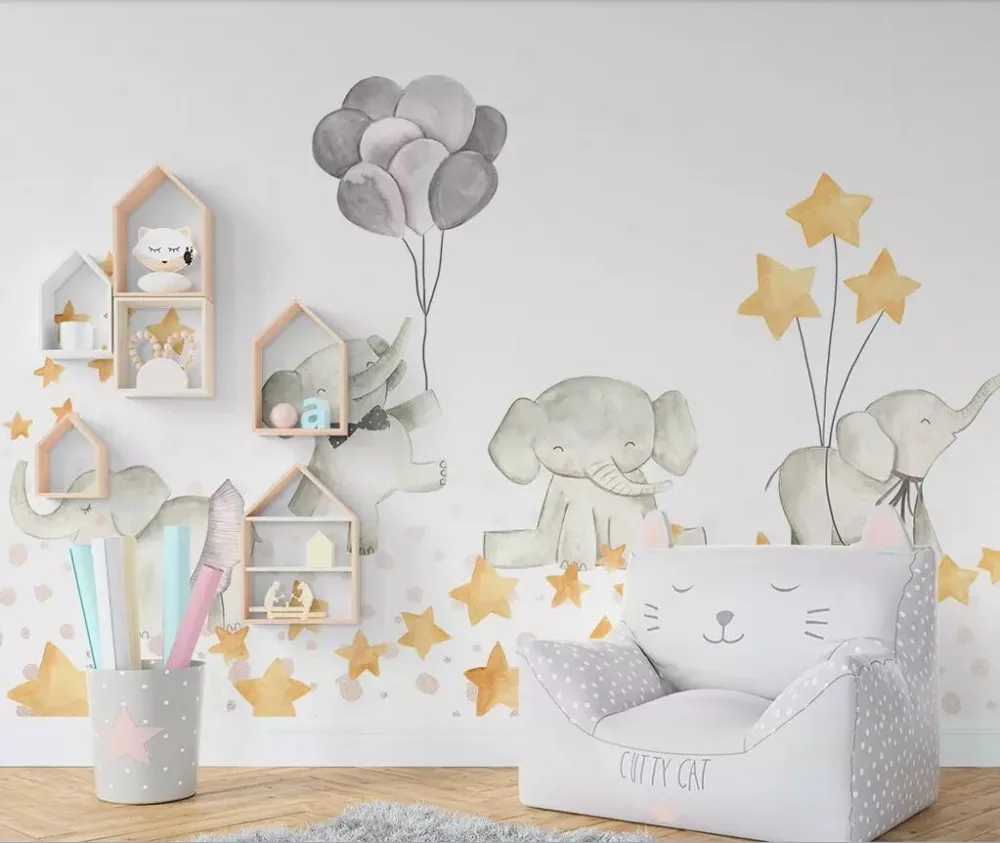 

Custom large photo cartoon cute elephant stars children's room 3D mural wallpaper