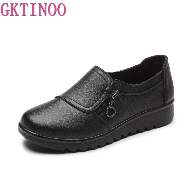 GKTINOO New Autumn Women\'s Shoes Fashion Casual Women Leather Flat Shoes Ladies Slip On Comfortable Black Work shoes Flats