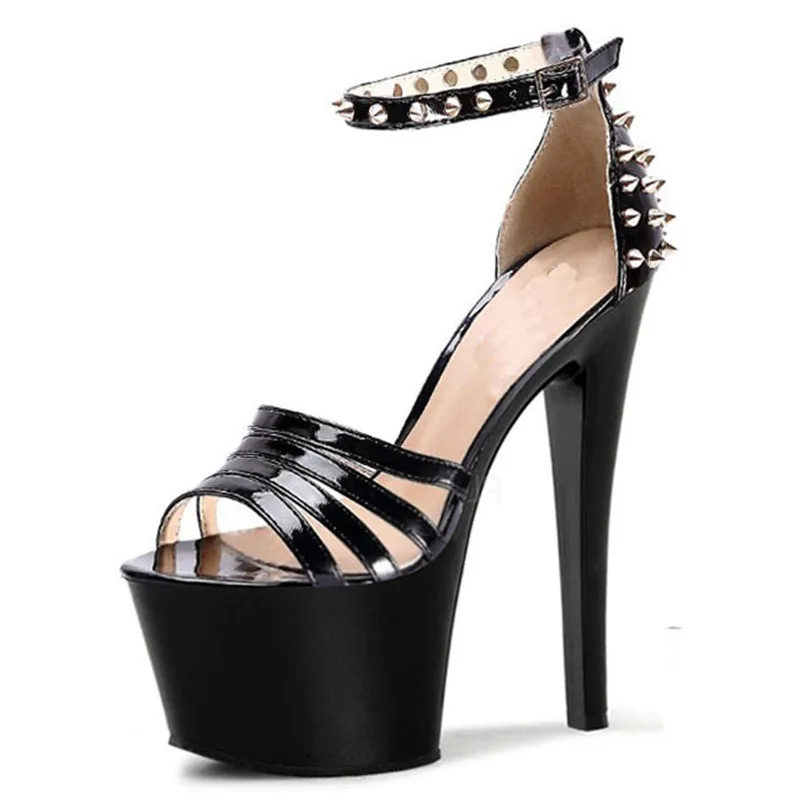 

17cm high heels, rivets embellished sexy slim high Heels princess platform party stage sandals