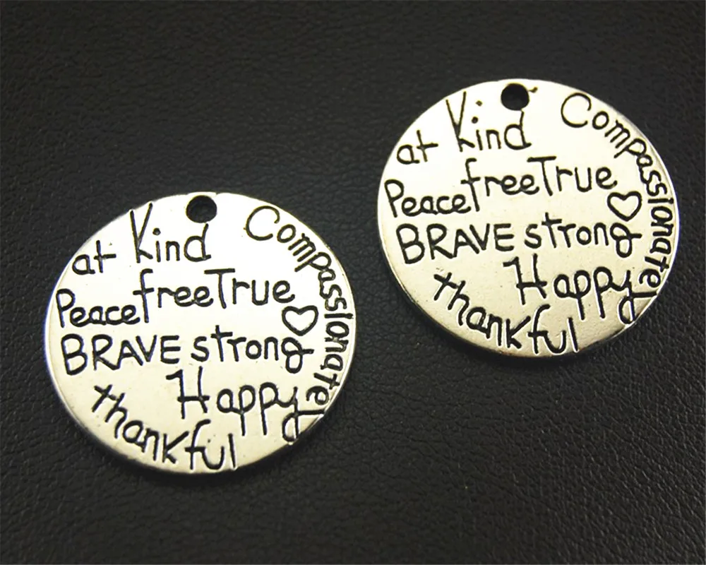 15pcs  Silver Color Round Charm Carved with brave strong peace compassionate kind happy Letters DIY Jewelry Findings A1530