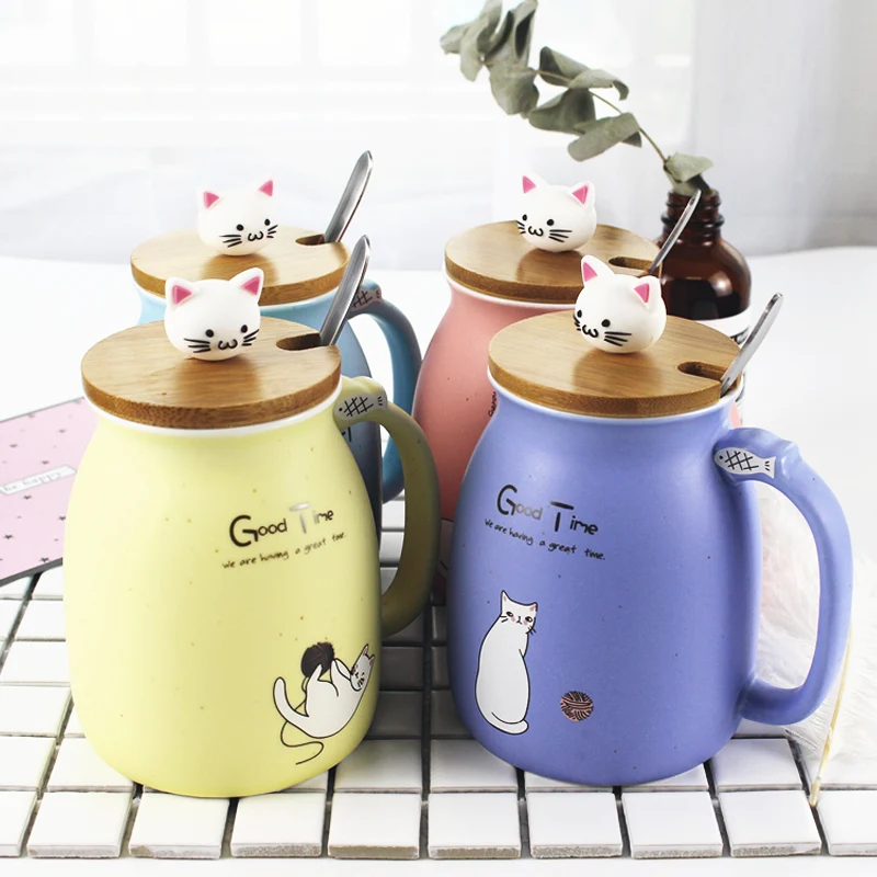 WALFOS New Sesame Cat Heat-Resistant Cup Color Cartoon With Lid Cup Kitten Milk Coffee Ceramic Mug Children Cup