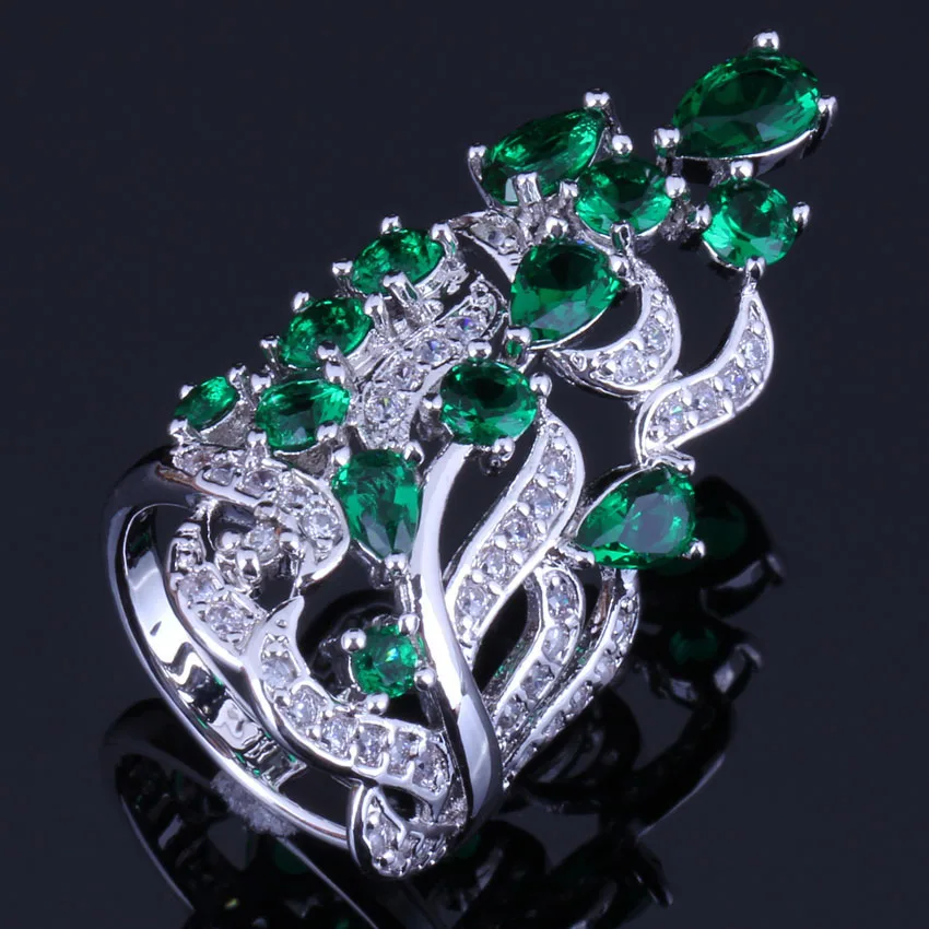 Glittering Huge Plant Green Cubic Zirconia White CZ Silver Plated Ring V0526