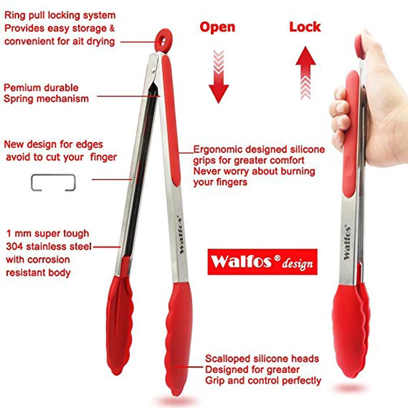 WALFOS Stainless Steel Silicone Kitchen Tongs BBQ Clip Salad Bread Cooking Food Serving Tongs Kitchen Tools