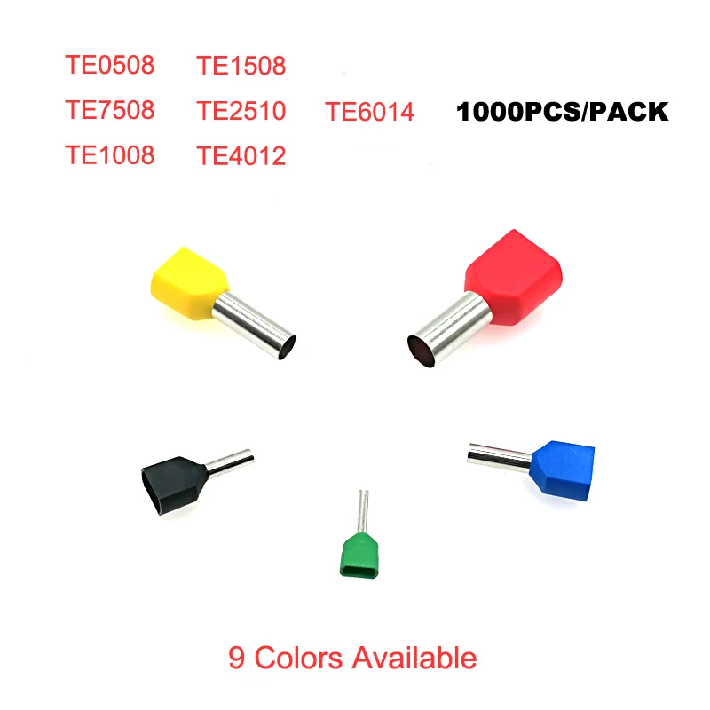 1000pcs Dual Wire Tube Ferrule Insulated Crimp  Terminals TE0508~TE6014 Electric Double Line Terminal Connector Cable 22-10AWG