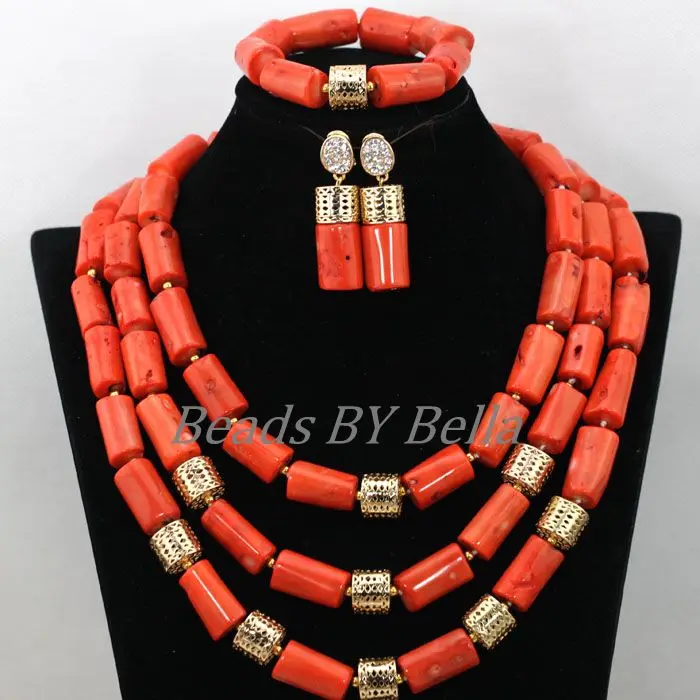 Real Coral Jewelry Set Necklace Nigerian Traditional Coral Beads Wedding African Jewelry Sets For Women Free Shipping ABK318