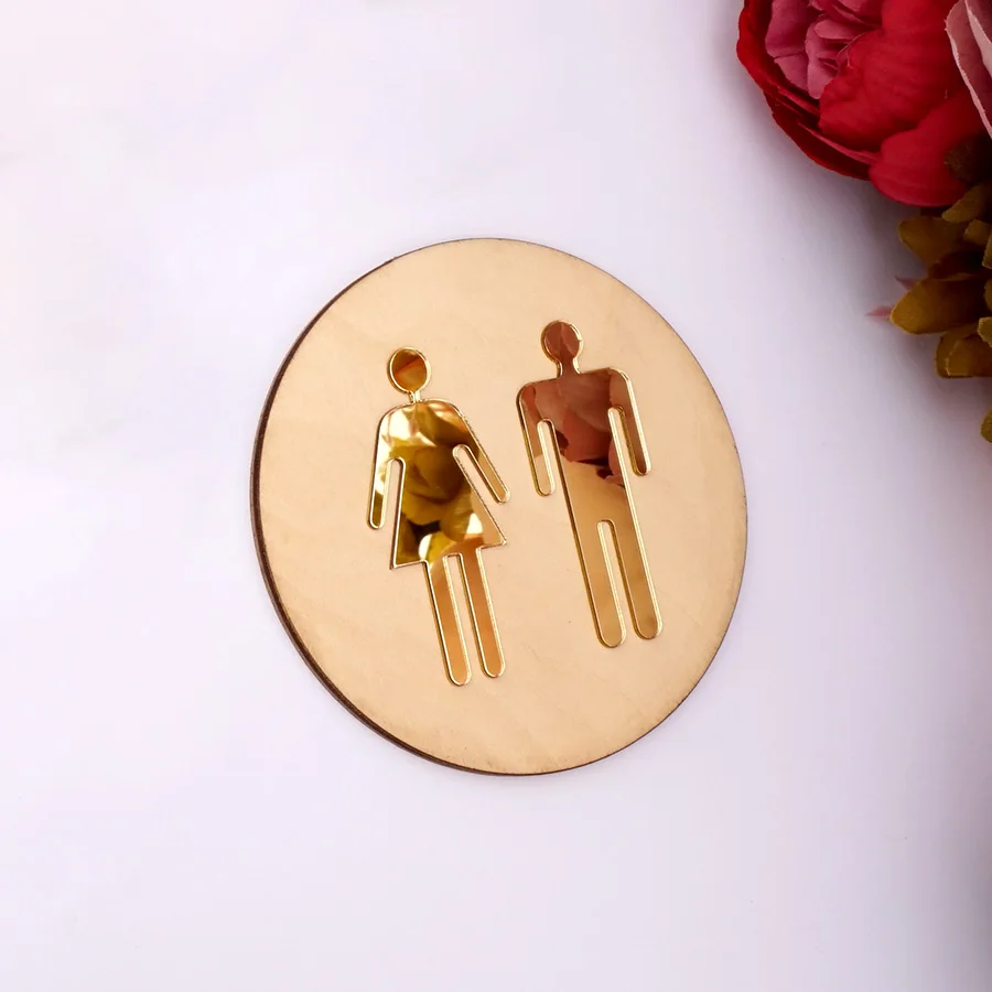 4mm Wooden Round Toilet Door Sign Bathroom WC Acrylic 3d Black Gold Silver Mirror Surface Wall Sticker Home Decor Favor