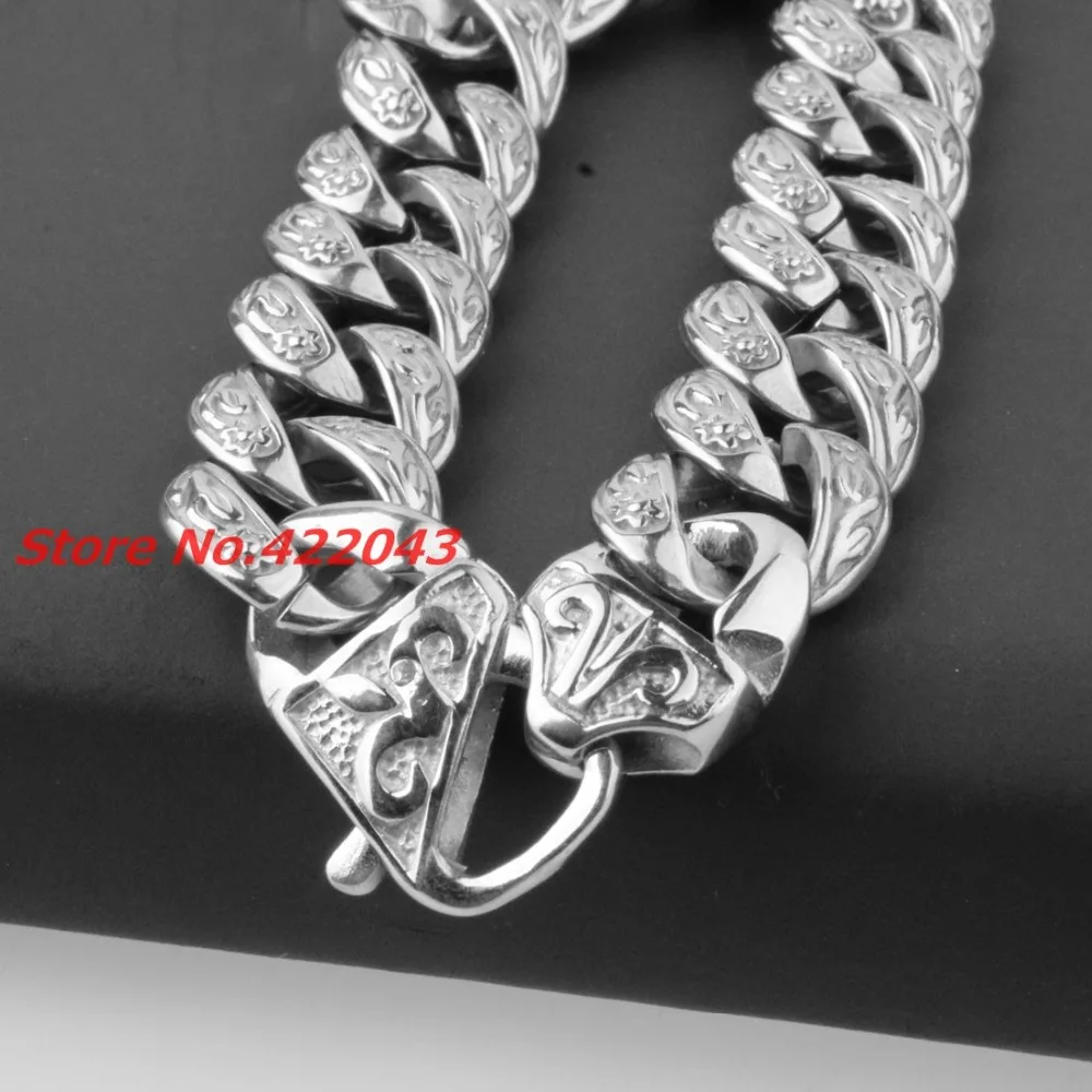 New Fashion Mens Bangles 15mm Solid Gold color  or Silver Stainless Steel Cast Flower Cuban Link Chain Bracelets 9\