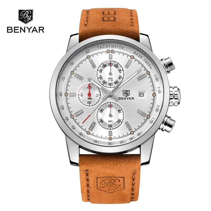 BENYAR Brand Watch For Men Fashion Waterproof Military Chronograph Sport Quartz Wristwatch Leather Clock Saat Relogio Masculino