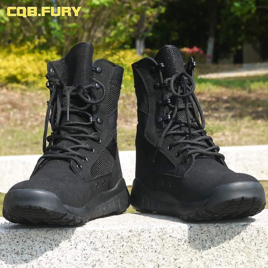 CQB.FURY Summer Super Light Breathable Mens Black Suede Leather Boots Wearable Mesh Boots