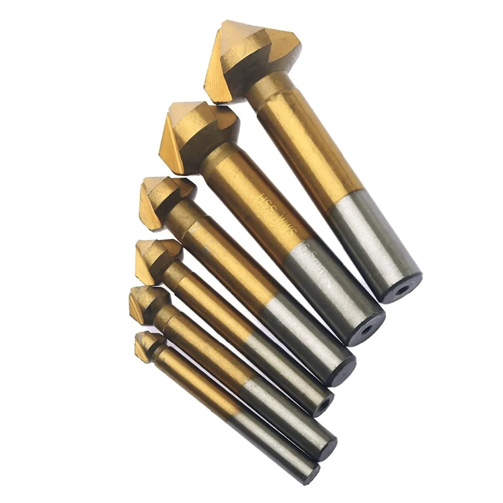 6 pz/set 3 flauto HSS metalli duri titanio tre bordi smusso smussatura fresa fresa punta da trapano svasatore Set all'ingrosso