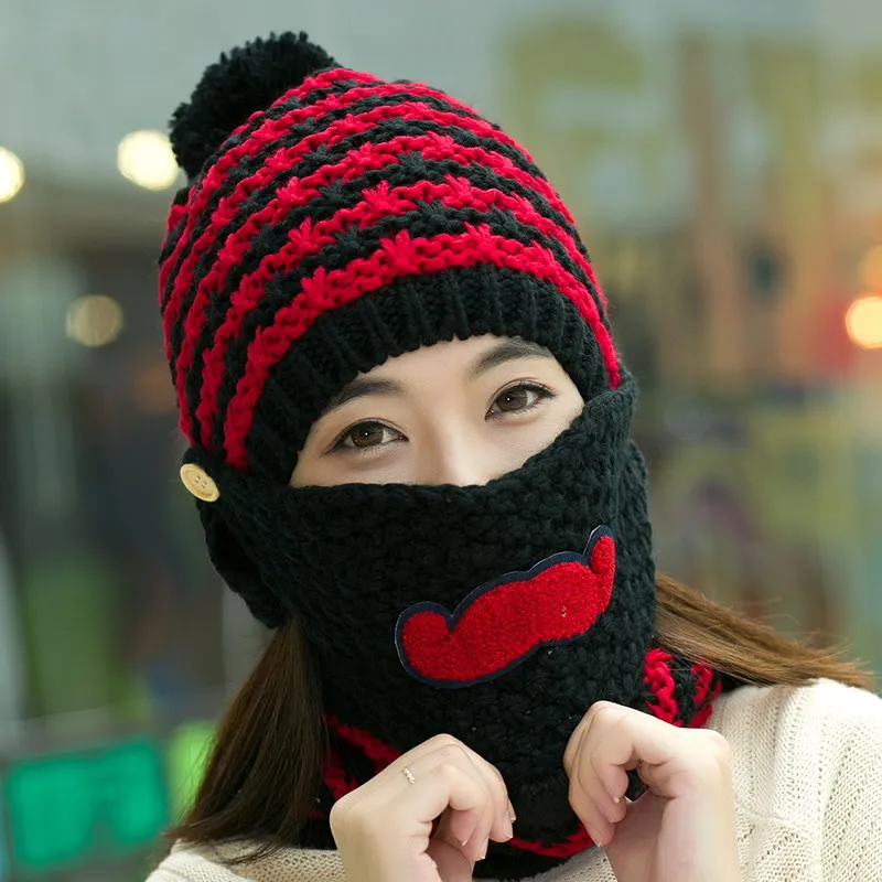 hat scarf mask sets female winter knitted hat knitted autumn and winter thermal masks cap plus velvet cycling cap ear