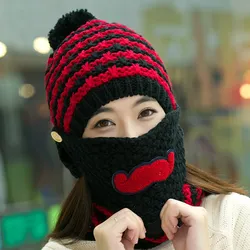 Cappello sciarpa set di maschera femminile lavorato a maglia cappello lavorato a maglia l'autunno e l'inverno termico maschere tappo più velluto cappellino orecchio