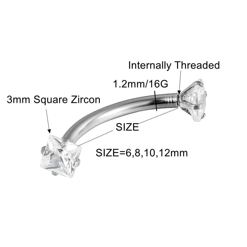AAA-스퀘어 지르콘 316L 스테인레스 스틸 바디 쥬얼리, 내부 스레드 곡선 바벨, 배꼽 귀 눈썹 피어싱 링