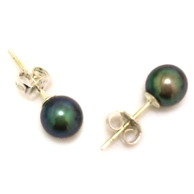 6-7mm AAA Peacock Round Akoya Pearl Stud Earring with 925 Sterling Silver Post