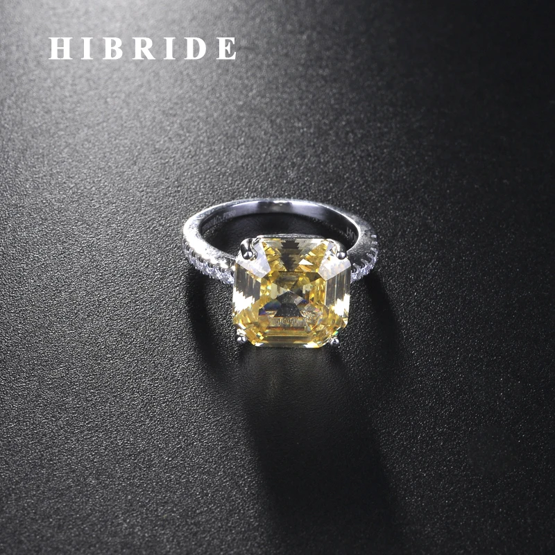 HIBRIDE New Sparkling Square Shape Yellow Color AAA Cubic Zircon Rings For Women White Gold Color anillos mujer Ring R-252