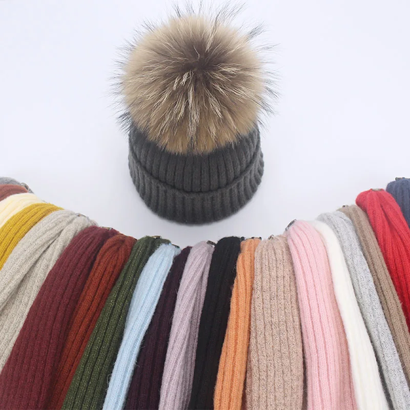 Real Raccoon Fur Pom Poms Pall Keep Warm Winter Hat For Women Girl \'s Wool Hat Knitted Beanies Cap Thick Female Cap Skullies