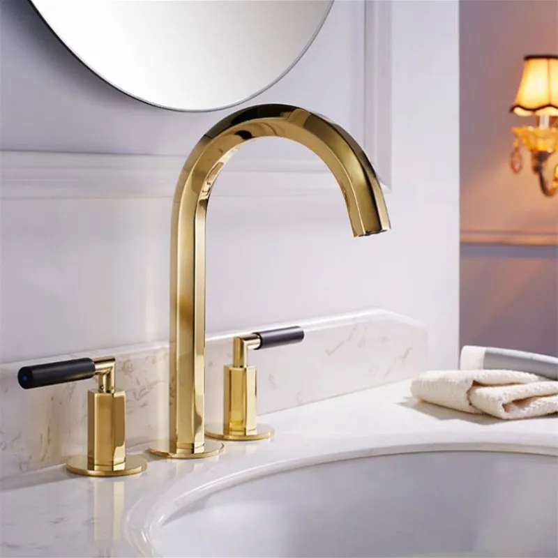 

Luxury gold basin Faucet Europe style three holes sink faucet modern design widespread 8' three hole bathroom sink mixer