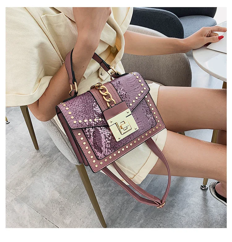 Women\'s Fashion Pu Leather Female Rivets Metal Lock Bag High Quality Shoulder Strap Bag Messenger Small Square Package 2019 New