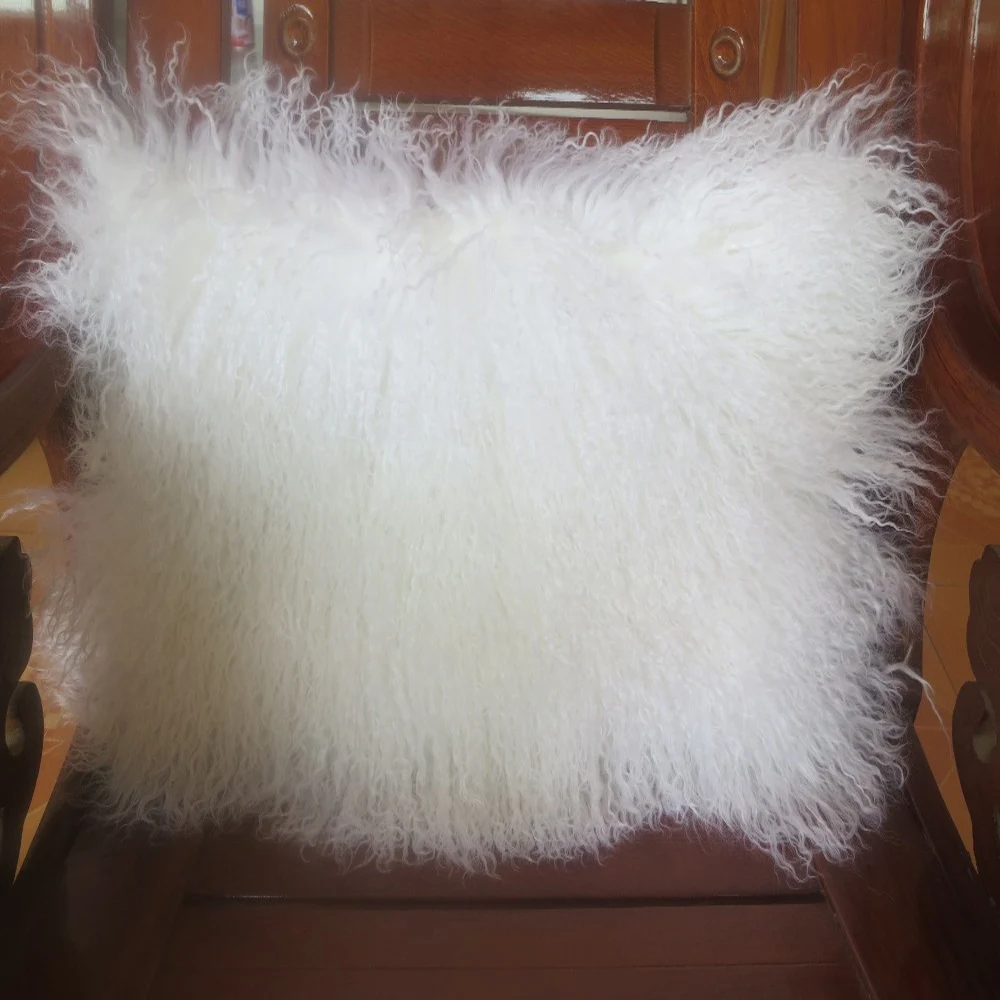 Doulbe Sides Mongolian Fur Cushion Cover Curly Pillow Cover White Real Tibetan Lamb Home Decor 16 