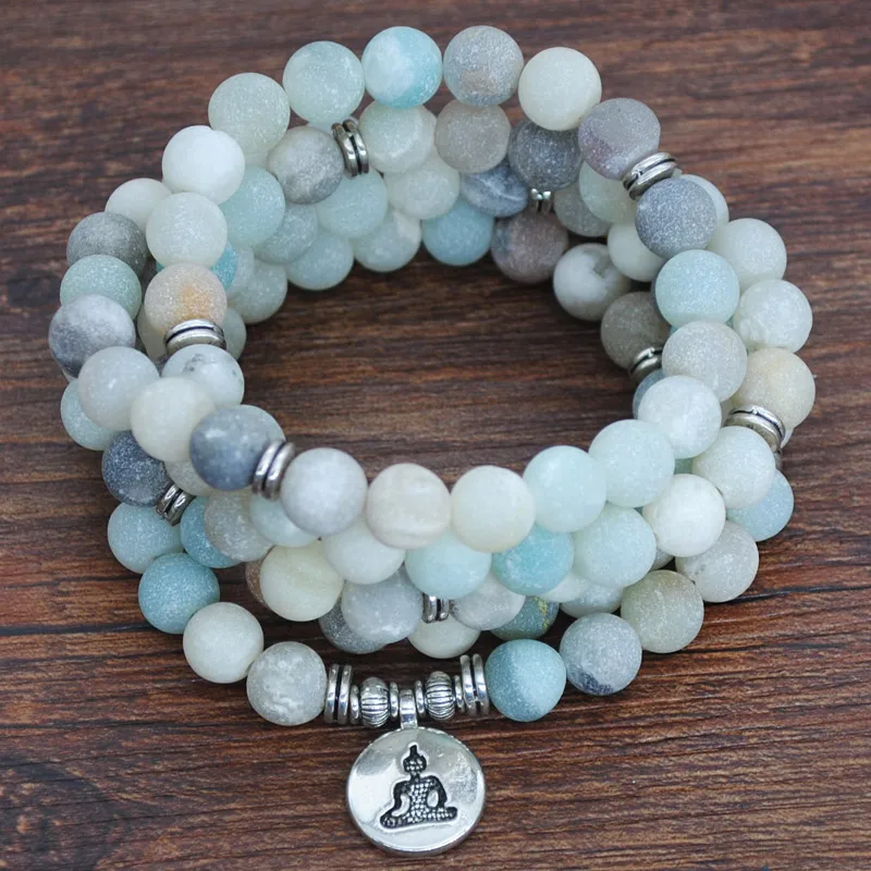 Yumfeel Natural Stone Bracelet 108 Mala Yoga Matte Amazonite Stone OM Lotus Flower Buddha Bracelet & Necklace Stone Jewelry