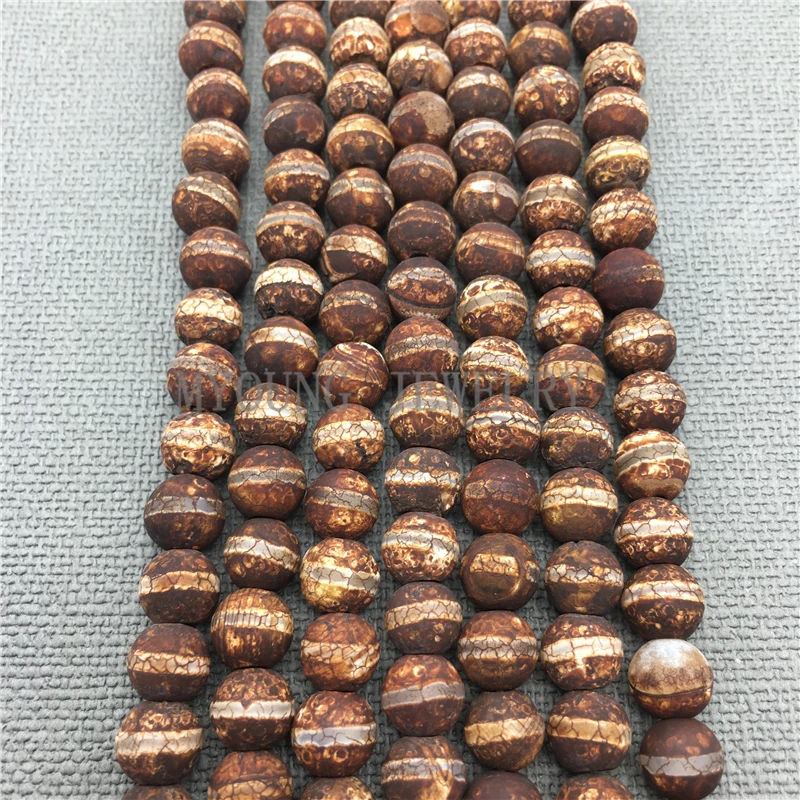 5Strands Matte Round Brown Tibetan One Line Striped Antique Agates Loose Beads MY0360