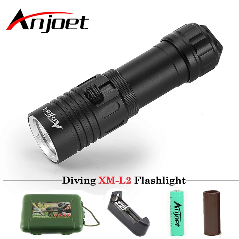 Anjoet Diving Flashlight XM-L2 1 mode lamp IPX8 Scuba lantern led Underwater Dive torch 18650 or 26650 rechargeable battery