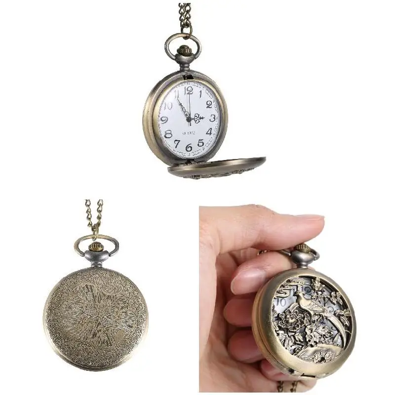 Vintage Quartz Pocket Watch Hollow Out Magpies Flower Bird Flip Cover Alloy Chain Pendant Watches LL@17