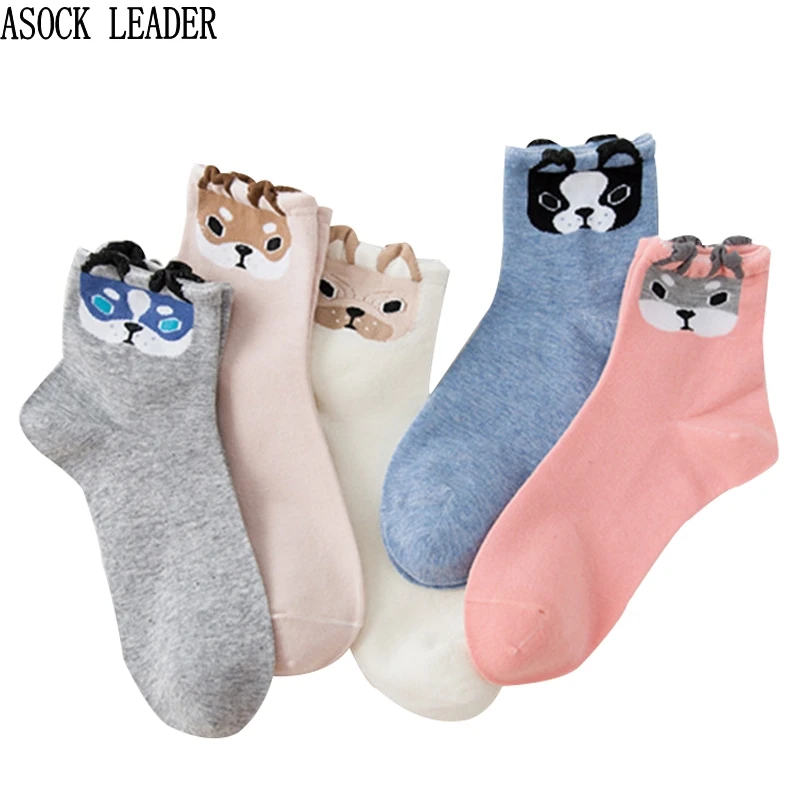 

ASOCK LEADER Women Socks Spring Autumn Cute 3D Dog Cartoon Animal Cotton Girls Socks For Woman Fashion Socks 5pairs/lot
