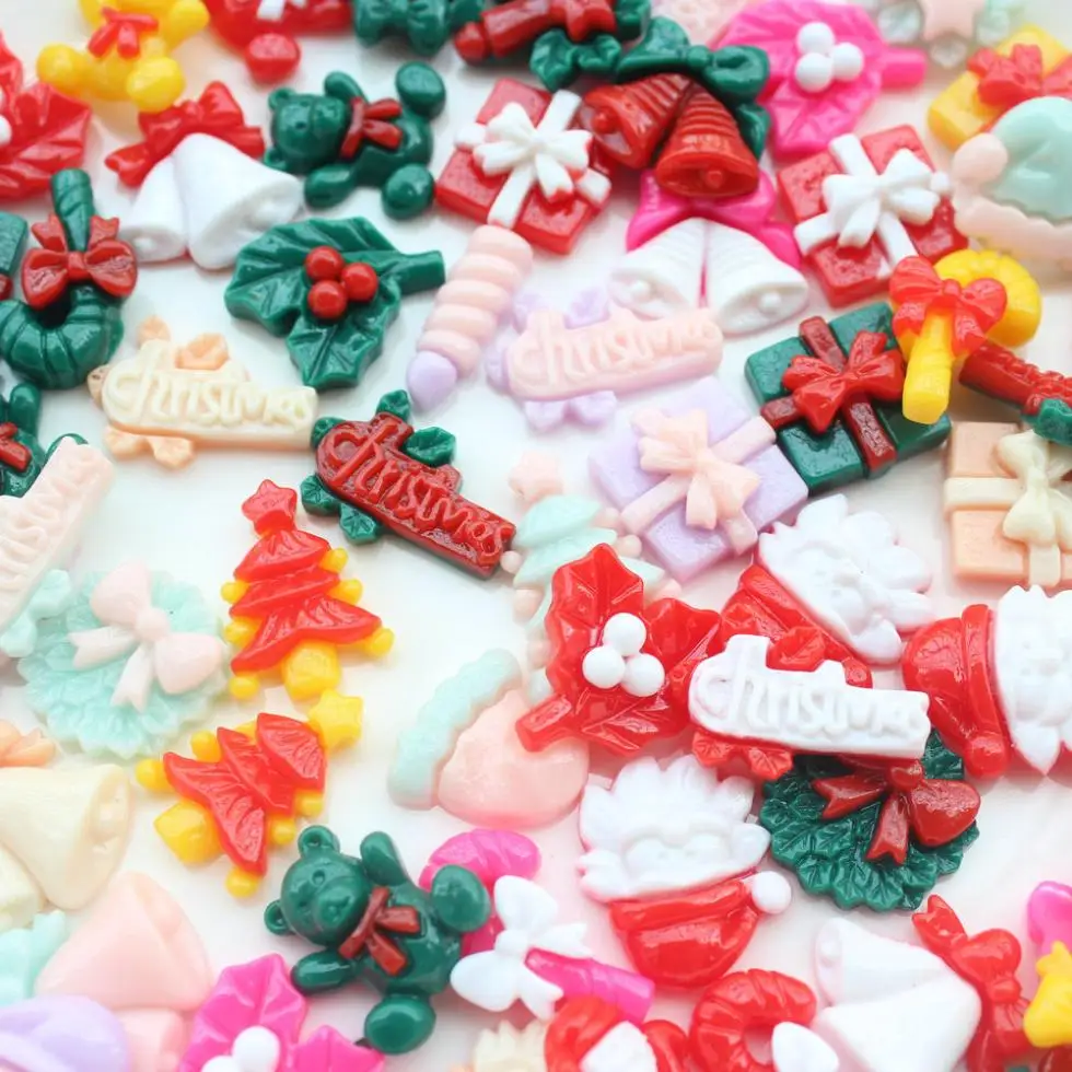 200pcs mixed Christmas Resins Hair Bow Resins Sants shoe ,trees,bears,gift box jingle bells cabochon