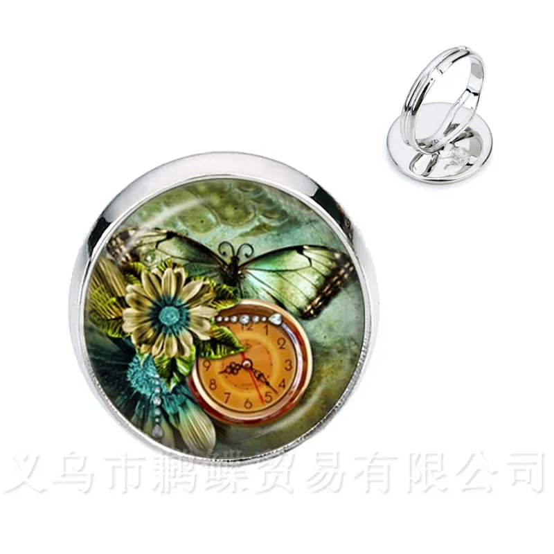 New Beautiful Blue Butterfly Adjustable Rings Birds Art Picture Glass Cabochon Dome Silver/Golder Plated 2 Color Rings