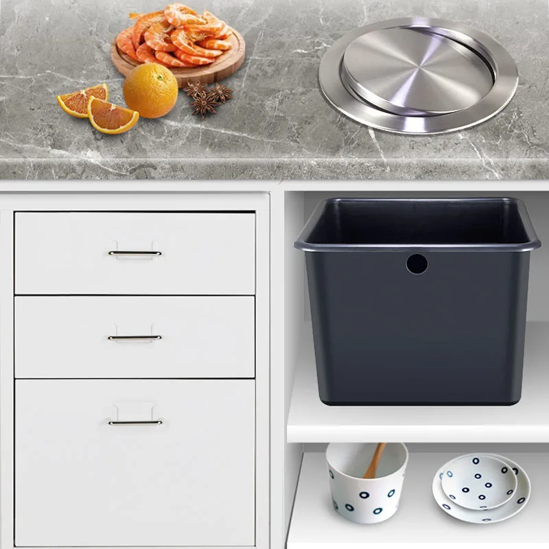 Kitchen Counter Top Flush Recessed Built-in Balance Swing Flap Lid 304 Stainless Steel Bin Garbage Can Decorative Cover