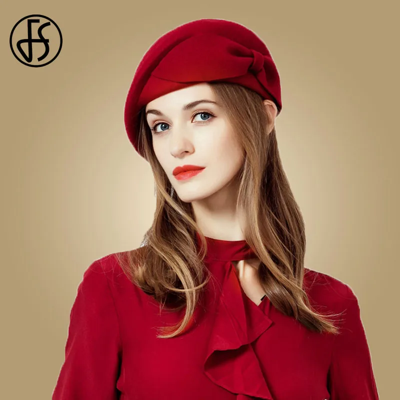 FS Ladies Red Wedding Hat For Women Vintage 100% Wool Felt Pillbox Hats Black Fascinator Winter Fedoras Bow Beret Church Hats