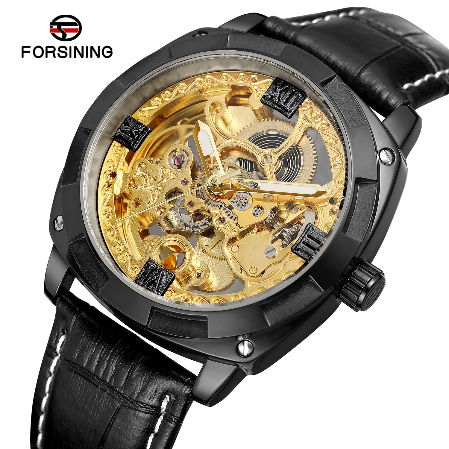 Forsining Top Brand  Royal Golden Flower Transparent Genuine Leather Creative Mens Clock Luxury Gold Skeleton Mechanical Watches