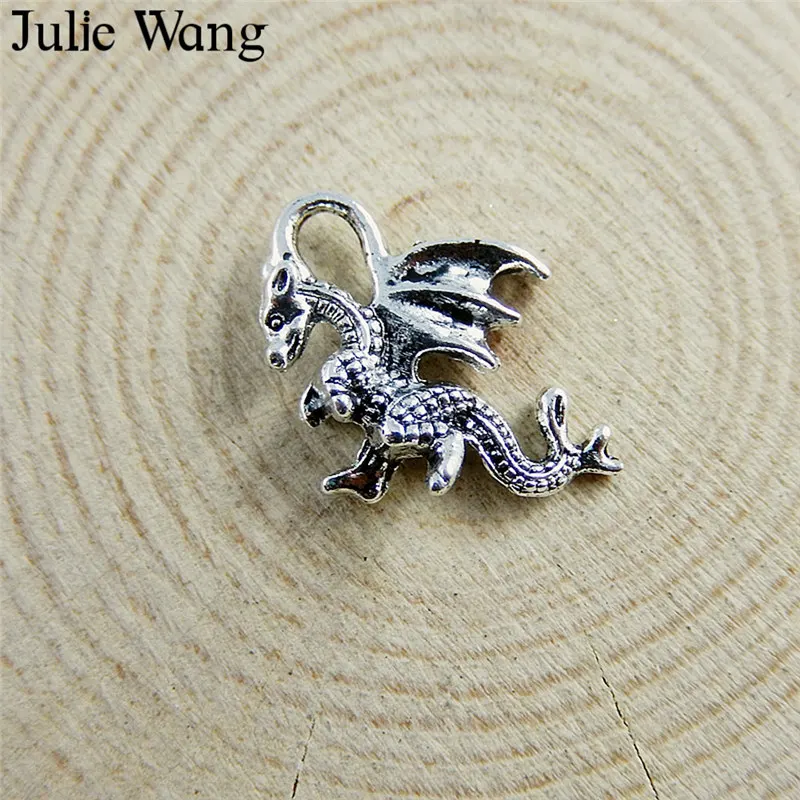 Julie Wang 20PCS Alloy Small Dragon Dinosaur Charms Antique Silver Color Pendant Necklace DIY Jewelry Making Findings Accessory