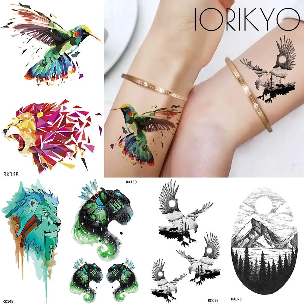 Watercolor Tattoo Sticker Women Arm Art Temporary Tattoo Lion Hummingbird 3D Cheetah Flash Tatoos Men Eagle Cosmos Body Geometry