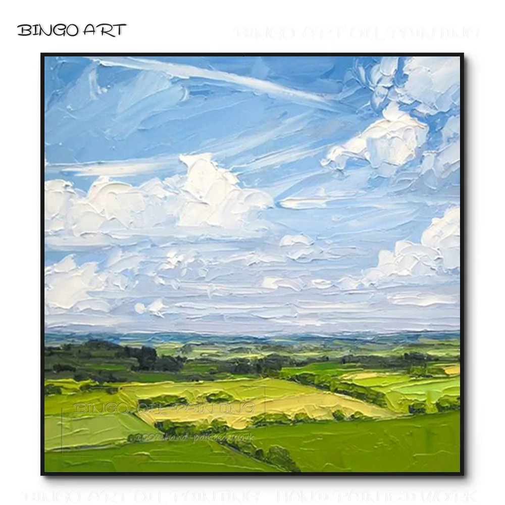 Artist Hand-painted Beautiful Blue Sky and Green Landscape Oil Painting Beautiful Colors Blue Sky and White Cloud Oil Painting