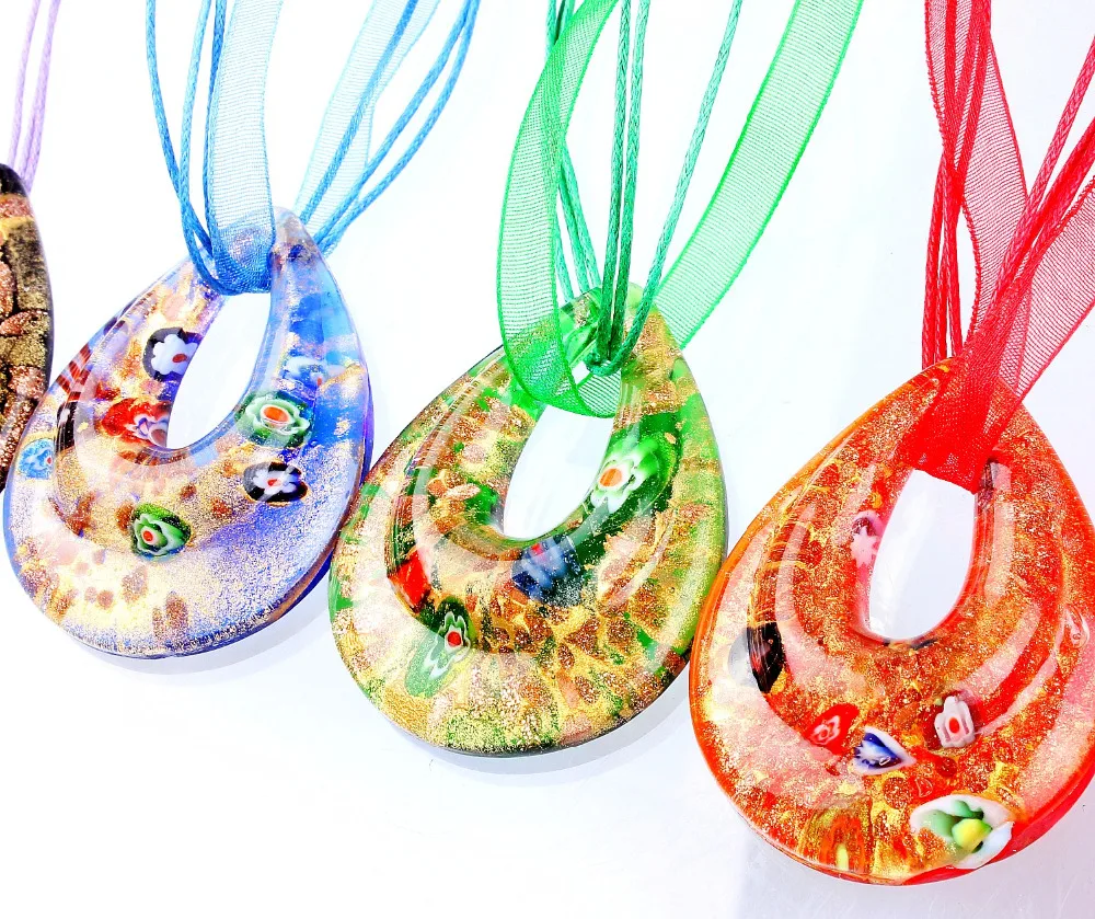 Fashion Beauty Wholesale 6pcs Handmade Murano Lampwork Glass Mixed Colorful Drop Millefiori Pendants Charms Necklaces