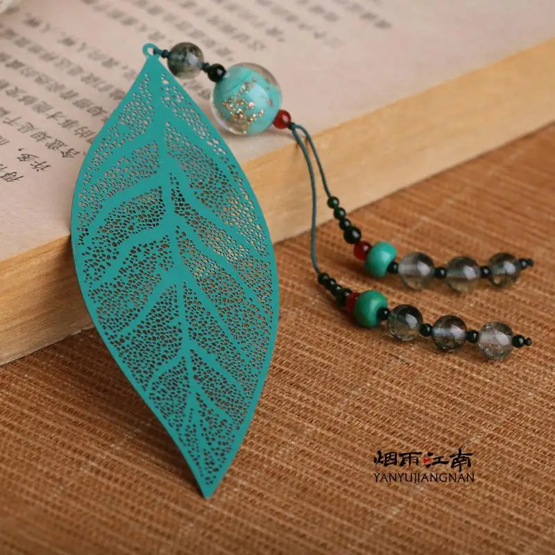 

high quality hand made chinese vintage design metal bookmark,leaf Agate tassel book markers free shipping