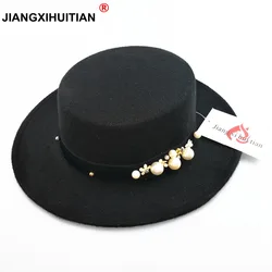 2017 new pearl chapeau femme Vintage fashionable black top felt fedora hat men sombrero bowler church trilby hats for women