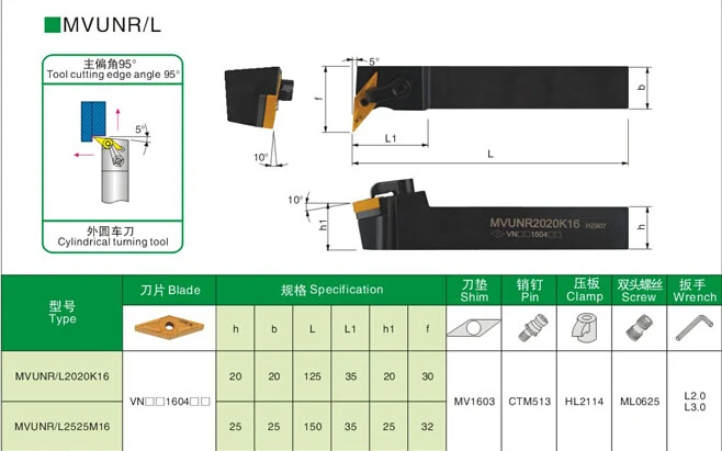 1PCS MVUNR1616H16 MVUNR2020K16 MVUNR2525M16 MVUNR3232P16 MVUNL1616H16 MVUNL CNC Lathe Cutting Tools External Turning Tool Holder